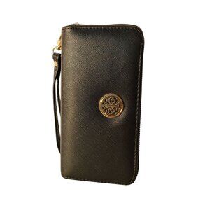 Womens Zip Around Wallet Elegant Gold Emblem Wristlet Strap Sophisticated Preppy